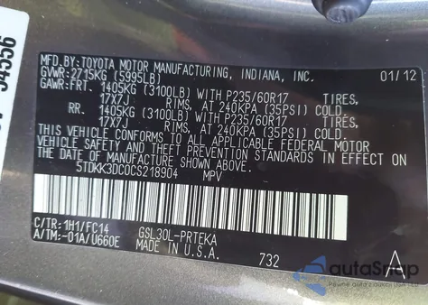 2012 Toyota Sienna Le V6 8 Passenger из США, поврежденный, VIN 5TDKK3DC0CS218904